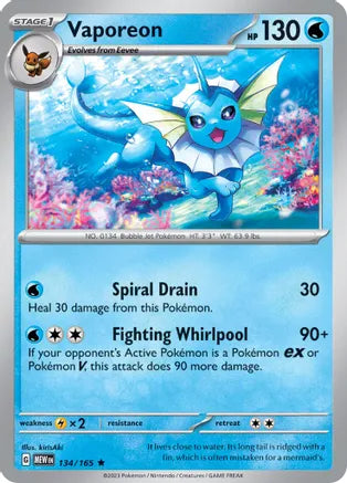 #134 Vaporeon 134/165 Rare Reverse Holo