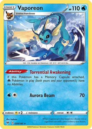 #030 Vaporeon 030/185 Rare Reverse Holo